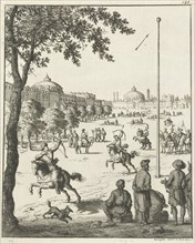 Persians on horseback practicing with bow and arrow, Pieter Jansz, 1651