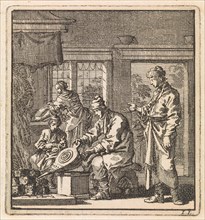 Man stokes the fire with a bellows, Jan Luyken, wed. Pieter Arentsz & Cornelis van der Sys (II),