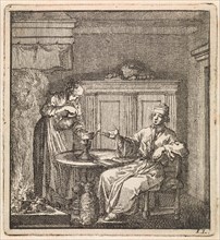 Woman fills a burning oil lamp, Jan Luyken, wed. Pieter Arentz, Cornelis van der Sys II, 1711