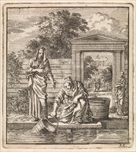 A woman fills a bucket of water on a jetty, Jan Luyken, wed. Pieter Arentsz, Cornelis van der Sys
