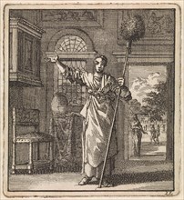 Woman holding a brush on a stick, Jan Luyken, wed. Pieter Arentsz & Cornelis van der Sys (II), 1711