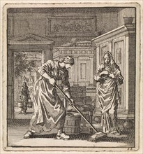 Female scrubs the floor with a scrubbing brush, print maker: Jan Luyken, wed. Pieter Arentsz &