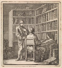 Two men in a bookcase, print maker: Jan Luyken, wed. Pieter Arentsz & Cornelis van der Sys II, 1711