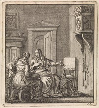 Three women at a wall clock, Jan Luyken, wed. Pieter Arentsz & Cornelis van der Sys (II), 1711