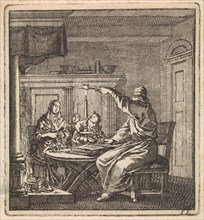 Man extinguishes a candle with a candle snuffer, print maker: Jan Luyken, wed. Pieter Arentsz &