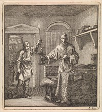 Man places a burning candle in the candlestick, Jan Luyken, wed. Pieter Arentsz, Cornelis van der