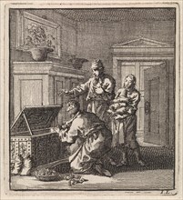 Three men near a money box, Jan Luyken, wed. Pieter Arentsz & Cornelis van der Sys (II), 1711