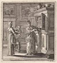 Woman takes things out of a cupboard, Jan Luyken, wed. Arentsz Pieter Cornelis, van der Sys II,