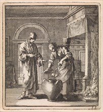 Woman places a coal in a pot, print maker: Jan Luyken, wed. Pieter Arentsz & Cornelis van der Sys