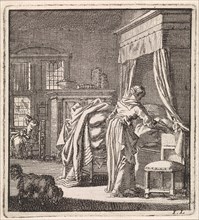 Woman collects a bed sheet, Jan Luyken, wed. Pieter Arentsz & Cornelis van der Sys (II), 1711