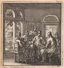 A family at a table, print maker: Jan Luyken, wed. Pieter Arentsz & Cornelis van der Sys II, 1711