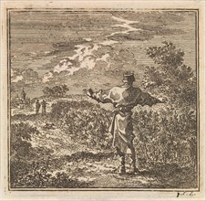 Man overlooks a rapeseed field, Jan Luyken, wed. Pieter Arentsz & Cornelis van der Sys (II), 1711