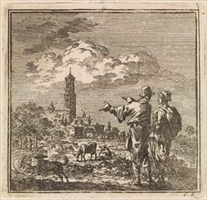 Two men watching a church tower, Jan Luyken, wed. Pieter Arentsz & Cornelis van der Sys (II), 1711