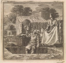 Man sitting on the edge of a deep pit, print maker: Jan Luyken, wed. Pieter Arentsz & Cornelis van
