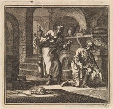 In a basement two men are looking at the trail of a snail, print maker: Jan Luyken, wed. Pieter