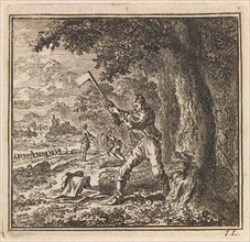 Lumberjack is working to cut down a tree, Jan Luyken, wed. Pieter Arentsz & Cornelis van der Sys