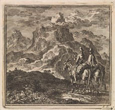 Two travelers on donkeys in the Alps, Jan Luyken, wed. Pieter Arentsz & Cornelis van der Sys (II),
