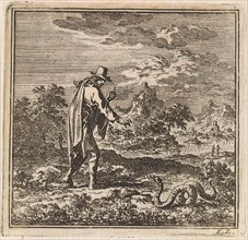 Landscape with a man who wards off a snake, Jan Luyken, wed. Arentsz Pieter Cornelis van der Sys