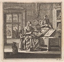 Two women stand near an open bible, print maker: Jan Luyken, wed. Pieter Arentsz & Cornelis van der