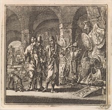 Man shows two men exhibited weapons, Jan Luyken, wed. Arentsz & Pieter Cornelis van der Sys (II),