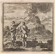 Two hikers looking at the smoking Etna, Italy, Jan Luyken, wed. Pieter Arentsz & Cornelis van der