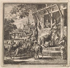 Sheep are led inside a butcher's, Jan Luyken, wed. Pieter Arentsz & Cornelis van der Sys (II), 1711