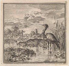 Heron in a pond, Jan Luyken, wed. Pieter Arentsz & Cornelis van der Sys (II), 1711