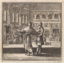 Two men talking in a hospital ward, Jan Luyken, wed. Pieter Arentsz & Cornelis van der Sys (II),