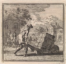 Man carrying a heavy package on a wheelbarrow, Jan Luyken, wed. Arentsz Pieter Cornelis van der Sys