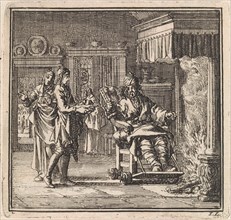 Man with gout gets food served at the fireplace, Jan Luyken, wed. Pieter Arentsz & Cornelis van der