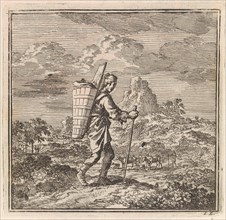 Hiker with a piece and a carrying basket in a hilly landscape, Jan Luyken, wed. Pieter Arentsz &