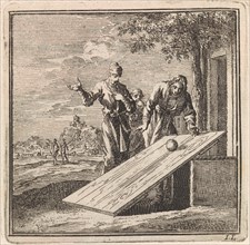 Two men let a ball roll down over a plank of wood, print maker: Jan Luyken, wed. Pieter Arentsz &
