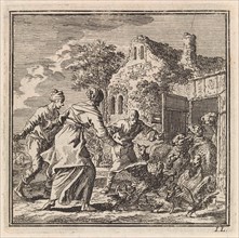 Three figures chasing sheep and poultry in their stable, Jan Luyken, wed. Arentsz Pieter Cornelis