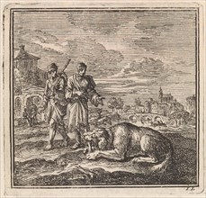 Dog chews off a bone, Jan Luyken, wed. Pieter Arentsz & Cornelis van der Sys (II), 1711