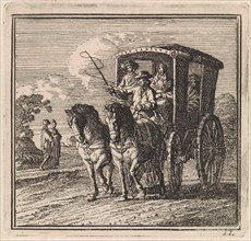 Four figures in a carriage, print maker: Jan Luyken, wed. Pieter Arentsz & Cornelis van der Sys II,