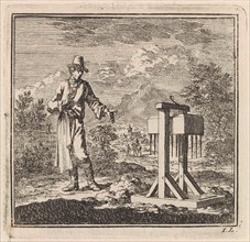 Man points at a mole trap, Jan Luyken, wed. Pieter Arentsz & Cornelis van der Sys (II), 1711