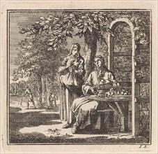 Man shows different notes to a woman, Jan Luyken, wed. Pieter Arentsz & Cornelis van der Sys (II),