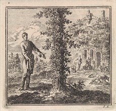 Man viewing an ivy-covered tree, Jan Luyken, wed. Pieter Arentsz & Cornelis van der Sys (II), 1711