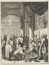 Foot Washing of the travelers in a monastery in Jerusalem, Jan Luyken, 1681