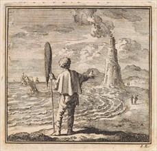 Beach scene with a man who points to a smoking lighthouse, print maker: Jan Luyken, wed. Pieter