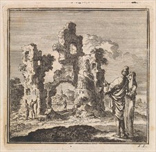 Two figures look at the ruins of a castle, Jan Luyken, wed. Pieter Arentsz & Cornelis van der Sys