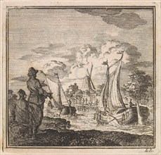 Two men watching sailing ships, Jan Luyken, wed. Pieter Arentsz & Cornelis van der Sys (II), 1710