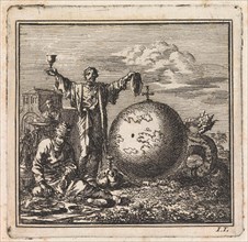 Two men enjoy food and drink while Satan is watching from behind the globe, print maker: Jan