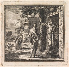 Man is denied access to a house, Jan Luyken, wed. Pieter Arentsz & Cornelis van der Sys (II), 1710