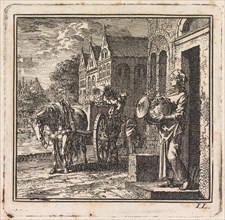 Woman in front of a house with a trash can in the form of a globe, Jan Luyken, bet. Pieter Arentsz,
