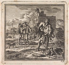 Man with a globe in his arms drops valuables, Jan Luyken, wed. Pieter Arentsz & Cornelis van der