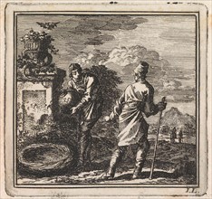 Man is about to lay a globe in a nest, Jan Luyken, wed. Pieter Arentsz & Cornelis van der Sys (II),