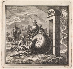 Before a narrow gate a few men rest near a globe, Jan Luyken, wed. Pieter Arentsz, Cornelis van der