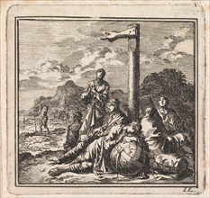 Six figures near a globe at a signpost, Jan Luyken, wed. Pieter Arentsz & Cornelis van der Sys