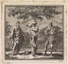 Old and young man in a tree with ribbon, Jan Luyken, wed. Pieter Arentsz & Cornelis van der Sys